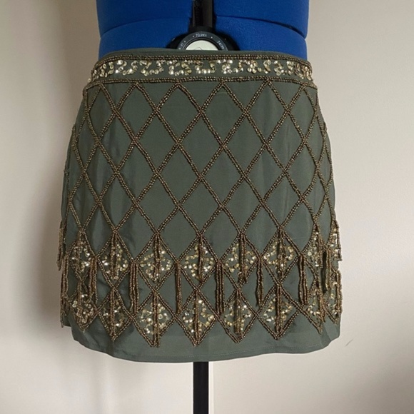 Olive Green Gold Beaded Skirt Flapper Costume Bellydance Boho Festival